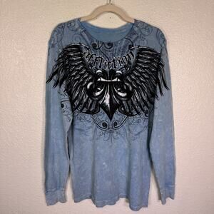 Affliction Shirt Men Large Thermal Long Sleeve Y2K Wings Graphic Waffle Knit Blu